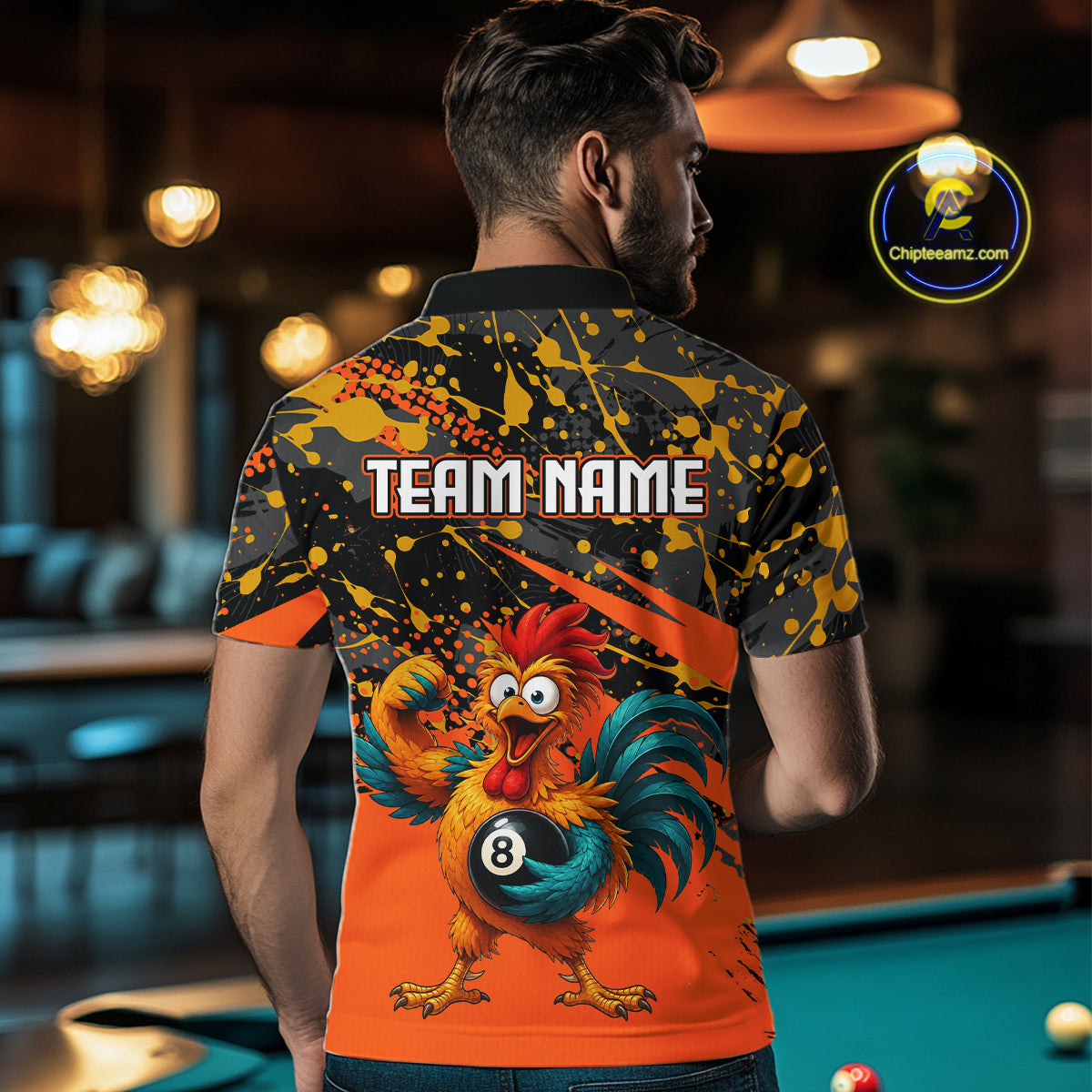Custom Orange Funny Chicken Billiard Shirt, 8 Ball Pool Team Jersey for Men, Polo & 1/4 Zip BHT106