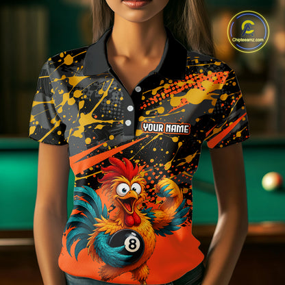 Custom Orange Funny Chicken Billiard Shirt, 8 Ball Pool Team Jersey for Women, Polo & 1/4 Zip BHT106