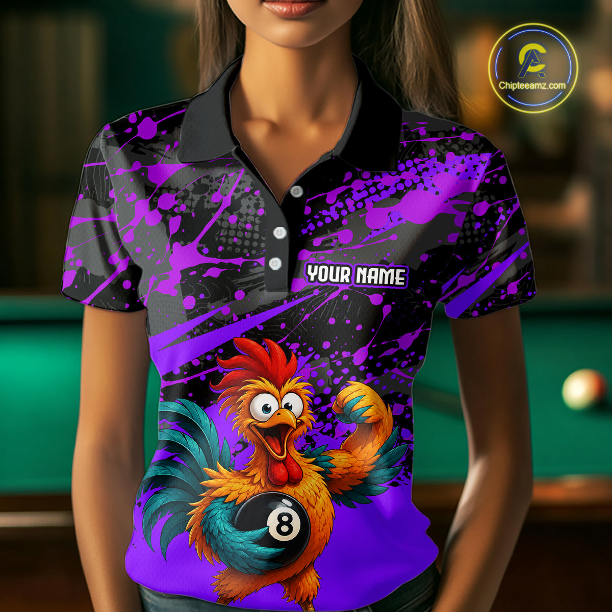 Custom Purple Funny Chicken Billiard Shirt, 8 Ball Pool Team Jersey for Women, Polo & 1/4 Zip BHT106
