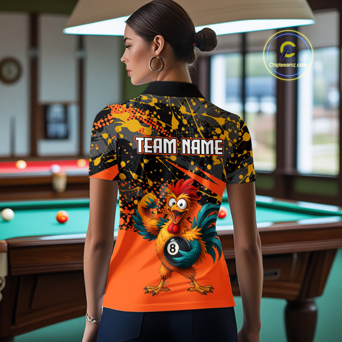 Custom Orange Funny Chicken Billiard Shirt, 8 Ball Pool Team Jersey for Women, Polo & 1/4 Zip BHT106