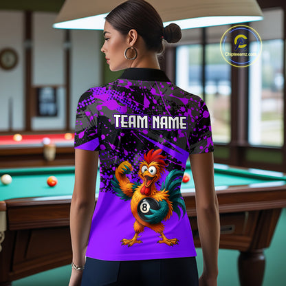 Custom Purple Funny Chicken Billiard Shirt, 8 Ball Pool Team Jersey for Women, Polo & 1/4 Zip BHT106