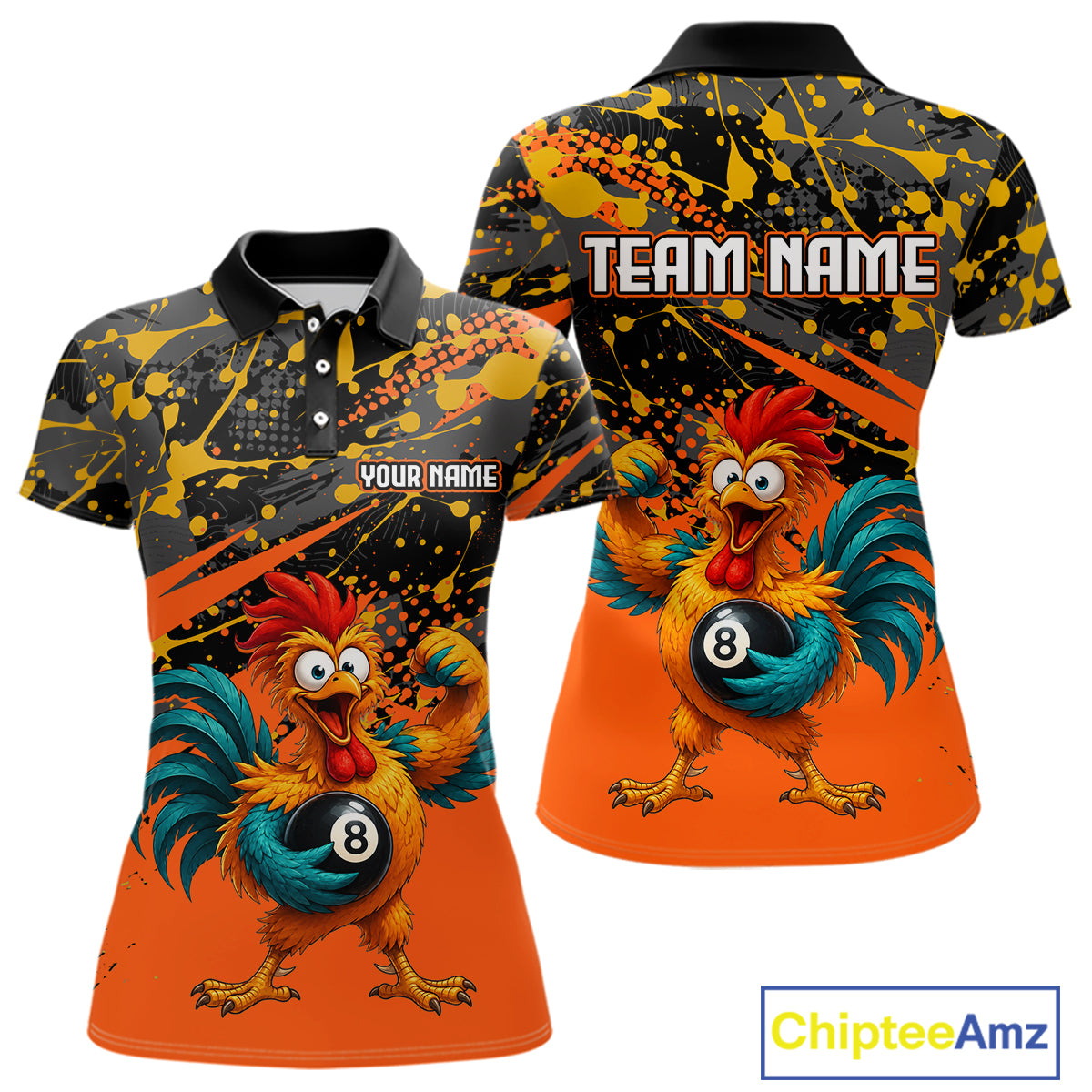 Custom Orange Funny Chicken Billiard Shirt, 8 Ball Pool Team Jersey for Women, Polo & 1/4 Zip BHT106