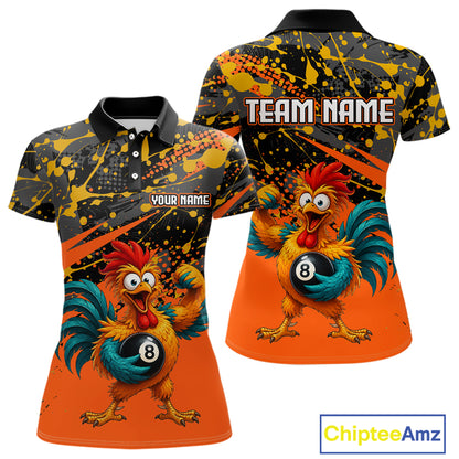 Custom Orange Funny Chicken Billiard Shirt, 8 Ball Pool Team Jersey for Women, Polo & 1/4 Zip BHT106