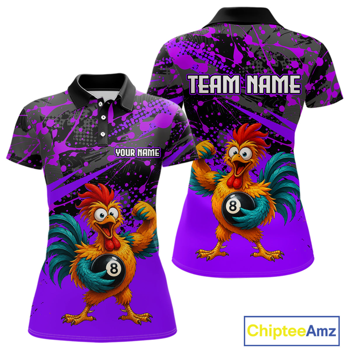 Custom Purple Funny Chicken Billiard Shirt, 8 Ball Pool Team Jersey for Women, Polo & 1/4 Zip BHT106