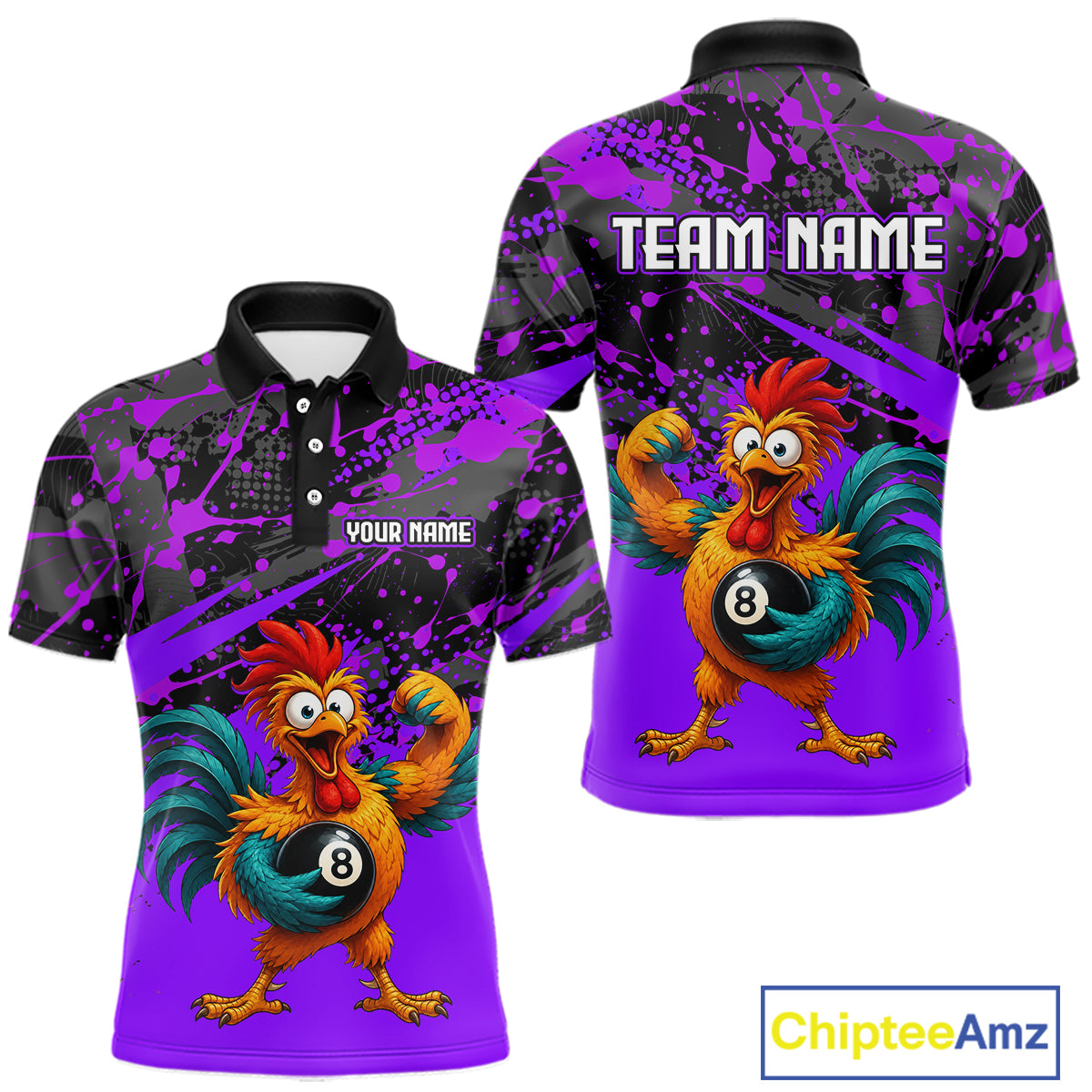 Custom Purple Funny Chicken Billiard Shirt, 8 Ball Pool Team Jersey for Men, Polo & 1/4 Zip BHT106