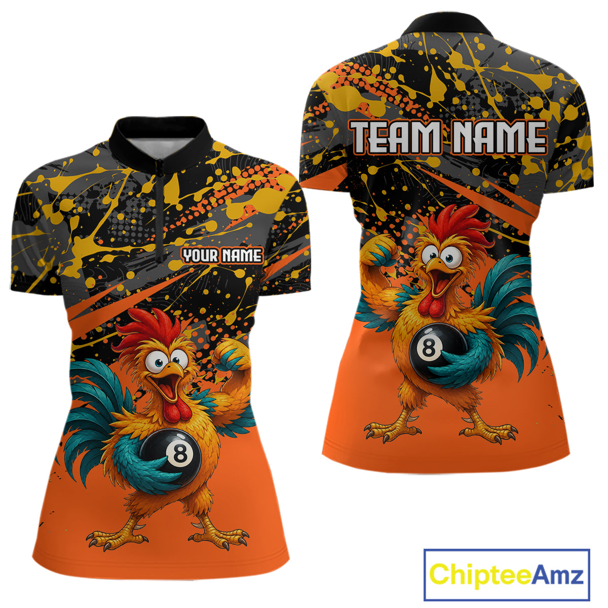 Custom Orange Funny Chicken Billiard Shirt, 8 Ball Pool Team Jersey for Women, Polo & 1/4 Zip BHT106