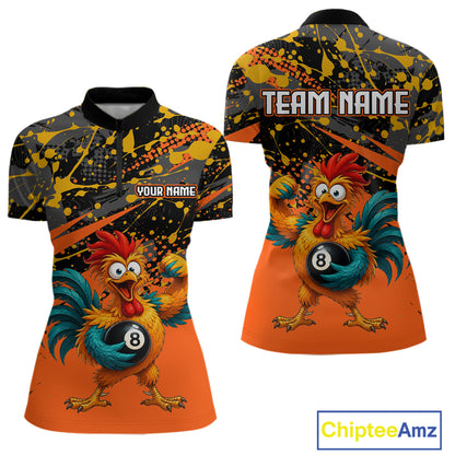 Custom Orange Funny Chicken Billiard Shirt, 8 Ball Pool Team Jersey for Women, Polo & 1/4 Zip BHT106