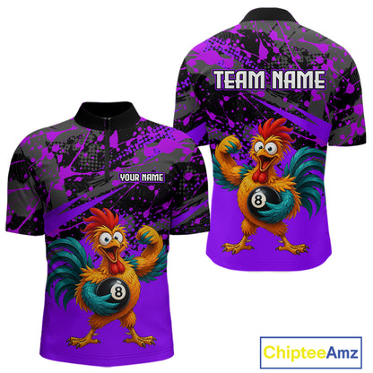 Custom Purple Funny Chicken Billiard Shirt, 8 Ball Pool Team Jersey for Men, Polo & 1/4 Zip BHT106
