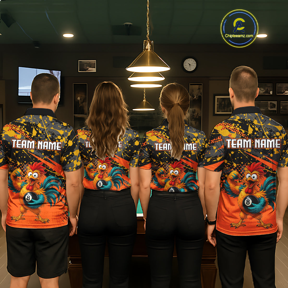 Custom Orange Funny Chicken Billiard Shirt, 8 Ball Pool Team Jersey for Men, Polo & 1/4 Zip BHT106
