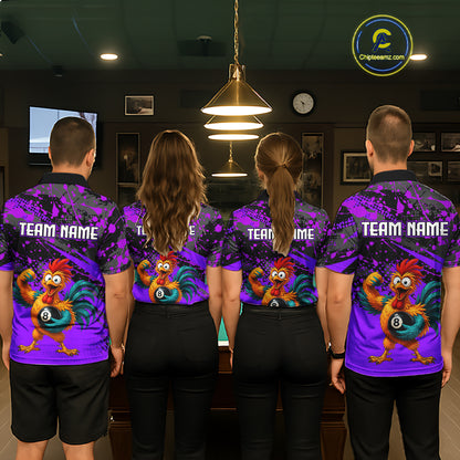 Custom Purple Funny Chicken Billiard Shirt, 8 Ball Pool Team Jersey for Men, Polo & 1/4 Zip BHT106