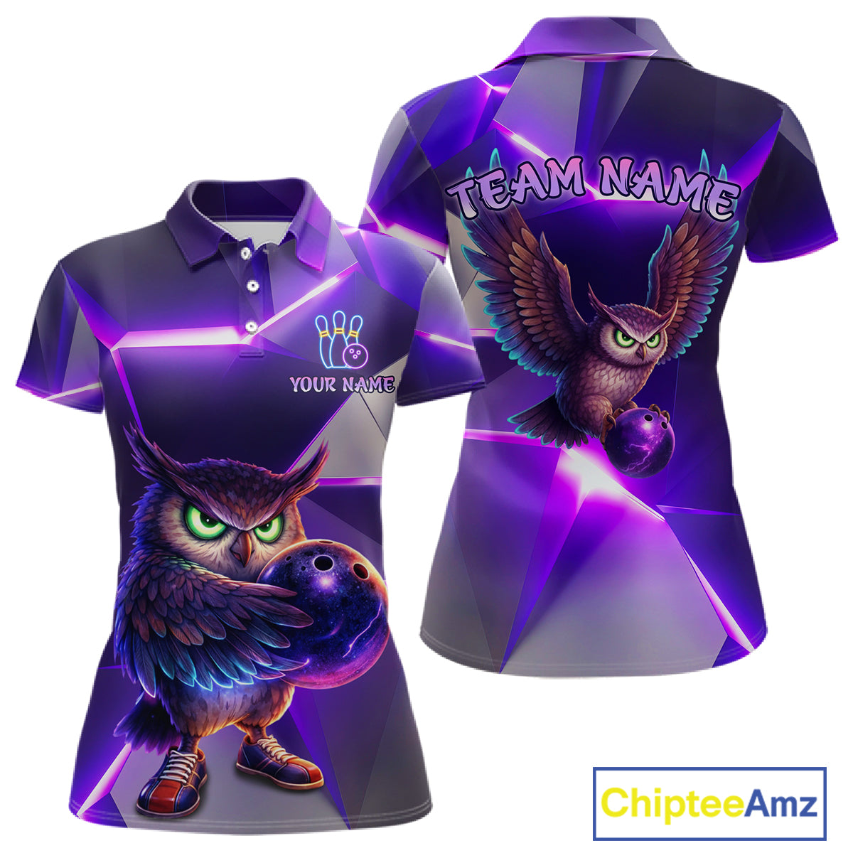 Personalized Purple Neon Owl Bowling Shirt for Women Bowling Jersey Gift for Bowler Polo & 1/4-Zip QZT904
