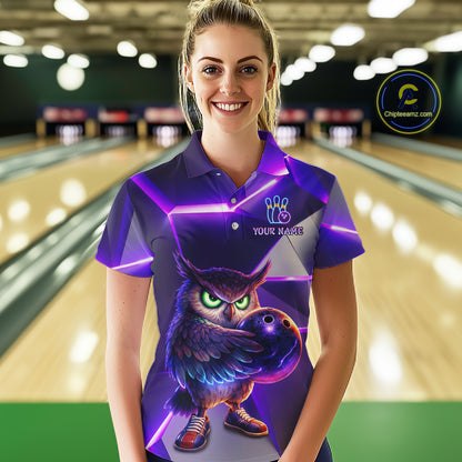 Personalized Purple Neon Owl Bowling Shirt for Women Bowling Jersey Gift for Bowler Polo & 1/4-Zip QZT904