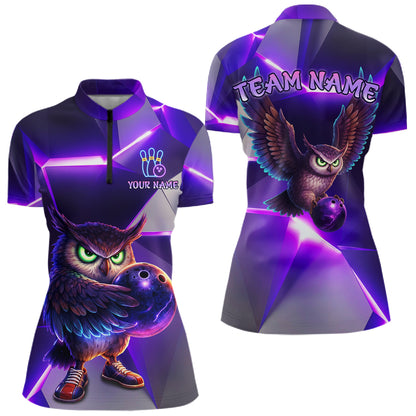 Personalized Purple Neon Owl Bowling Shirt for Women Bowling Jersey Gift for Bowler Polo & 1/4-Zip QZT904