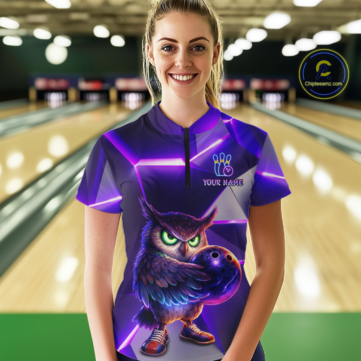 Personalized Purple Neon Owl Bowling Shirt for Women Bowling Jersey Gift for Bowler Polo & 1/4-Zip QZT904