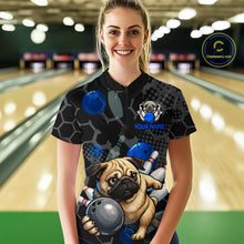 Load image into Gallery viewer, Person wearing a bowling shirt with a pug design in a bowling alley.
