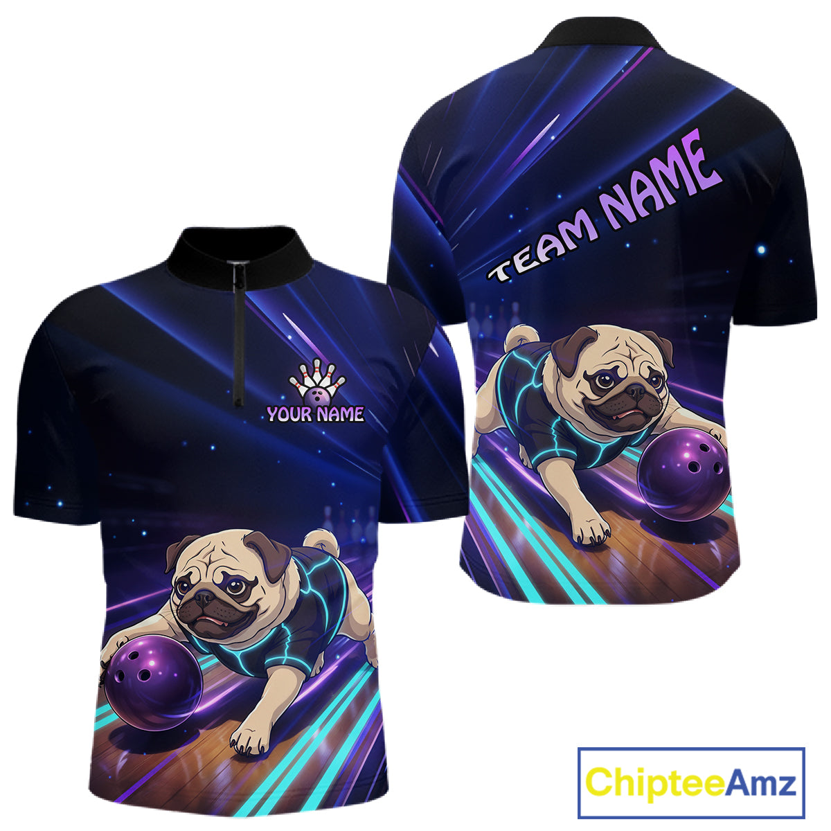 Funny Pug Dog Bowling Team Shirt for Men Custom Bowling Jersey Polo & 1/4-Zip Bowling Unisex QZT908