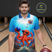 Load image into Gallery viewer, Man wearing a bowling shirt with an octopus design on a bowling alley.