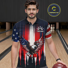Load image into Gallery viewer, Man wearing a patriotic polo shirt with an eagle design in a bowling alley.