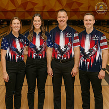 Load image into Gallery viewer, Four people wearing matching American flag-themed shirts with eagle designs on a bowling alley background.