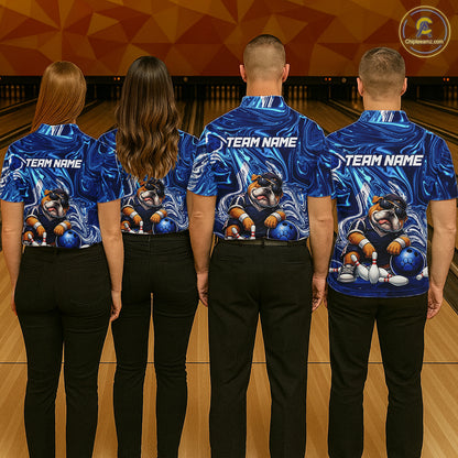 Custom Blue Funny Bulldog Bowling Team Shirt Bowling Jersey Polo & 1/4 Zip Bowling Unisex for Men QZT912