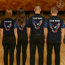 Load image into Gallery viewer, Four people wearing matching shirts with eagle designs and 'TEAM NAME' text on a bowling alley background.