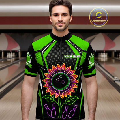 Green Neon Lightning Sunflower Bowling Shirt for Men Custom Team Bowling Polo Bowling Jersey QZT771