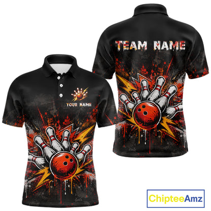 Front and back views of a black short-sleeve polo shirt with a bowling-themed graphic print featuring a red bowling ball, white bowling pins, and orange/yellow paint splatters. The front has placeholder text 'YOUR NAME' and 'TEAM NAME' on the chest, and a 'ChipteeAmz' logo is visible in the bottom right corner.