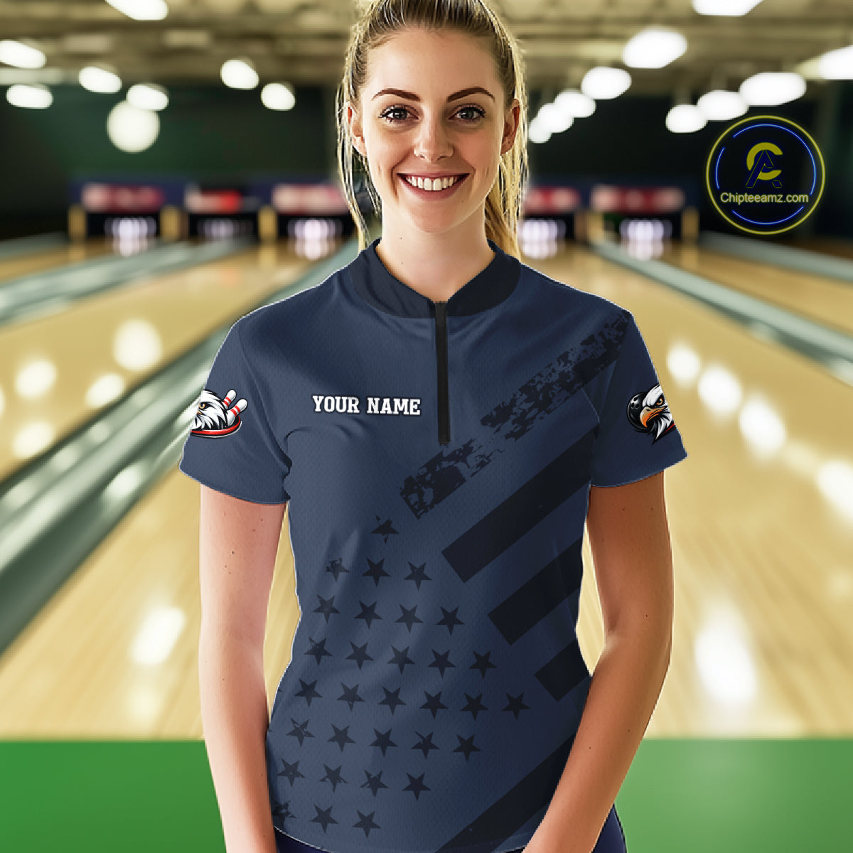 Custom American Flag Eagle Bowling Shirt for Women Polo & Quarter-Zip Bowling Team Jersey QZT953