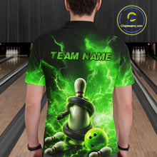Load image into Gallery viewer, Person wearing a green and black bowling-themed shirt with 'TEAM NAME' text in a bowling alley.