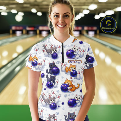 Custom Funny Cat Pattern Bowling Shirt Bowling Jersey League Polo & 1/4Zip Bowling Team for Women QZT951