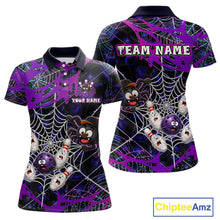Load image into Gallery viewer, Custom purple funny spider bowling polo shirt, front and back views, bowling league jersey for women