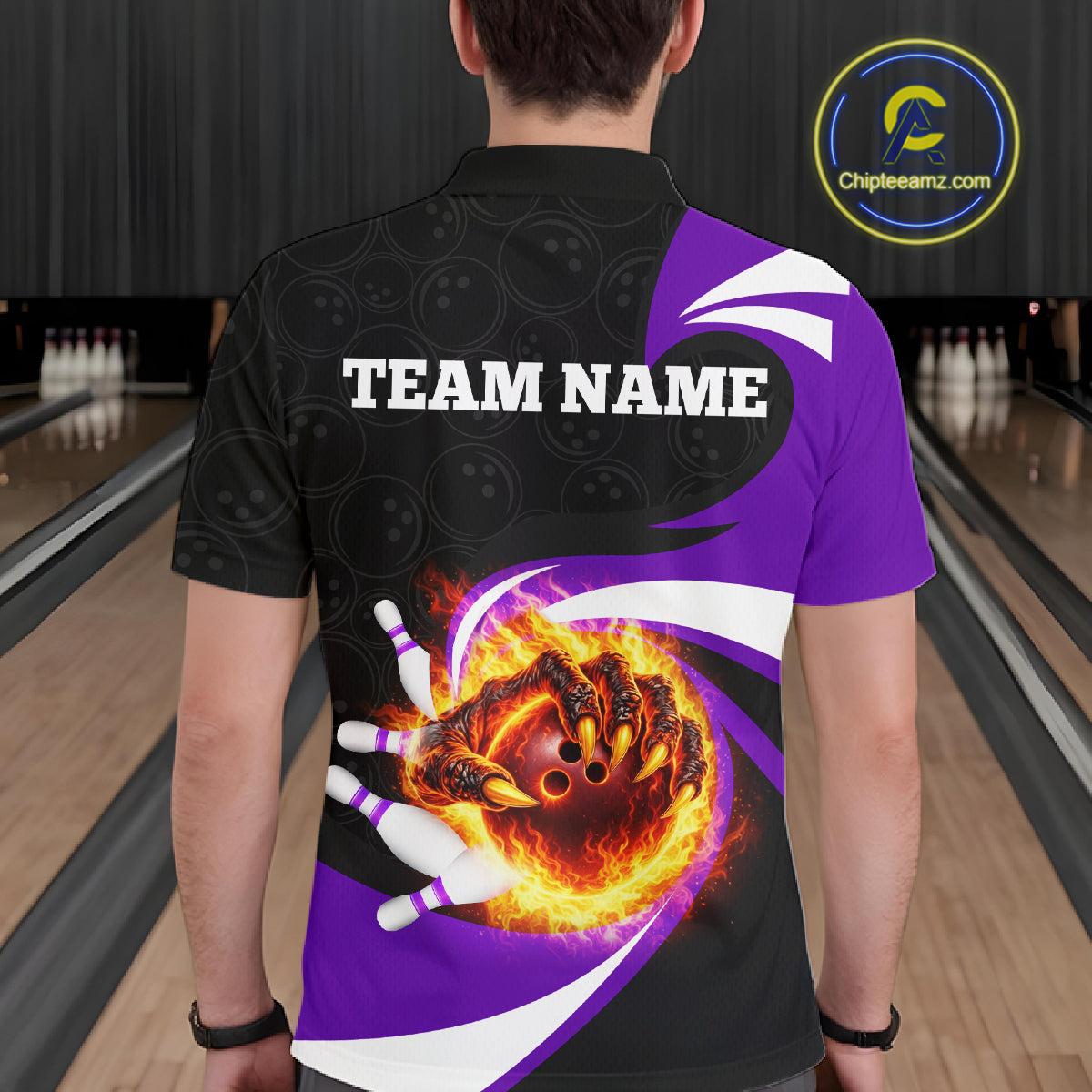 Personalized Purple Flame Demon Hand Bowling Shirt for Men Bowling Outfit Polo & Quarter-Zip Bowling Jersey QZT867