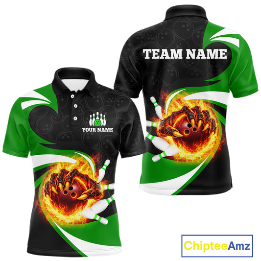 Personalized Green Flame Demon Hand Bowling Shirt for Men Bowling Outfit Polo & Quarter-Zip Bowling Jersey QZT867