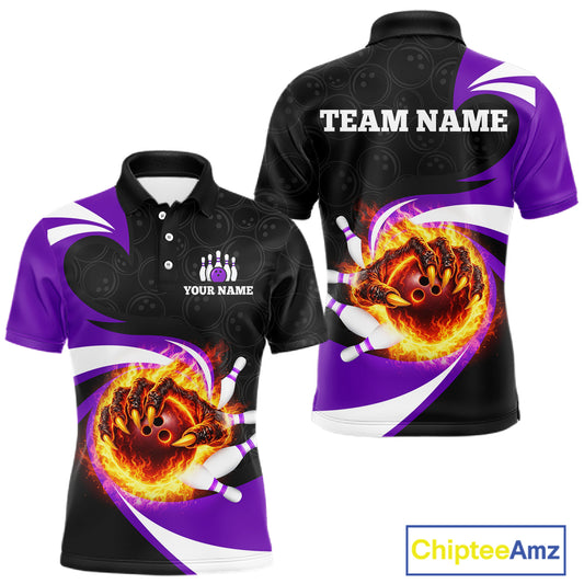 Personalized Purple Flame Demon Hand Bowling Shirt for Men Bowling Outfit Polo & Quarter-Zip Bowling Jersey QZT867