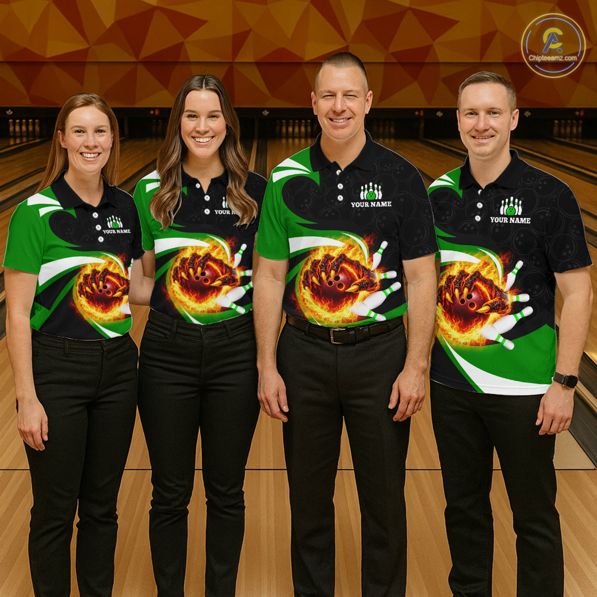 Personalized Green Flame Demon Hand Bowling Shirt for Women Bowling Outfit Polo & Quarter-Zip Bowling Jersey QZT867