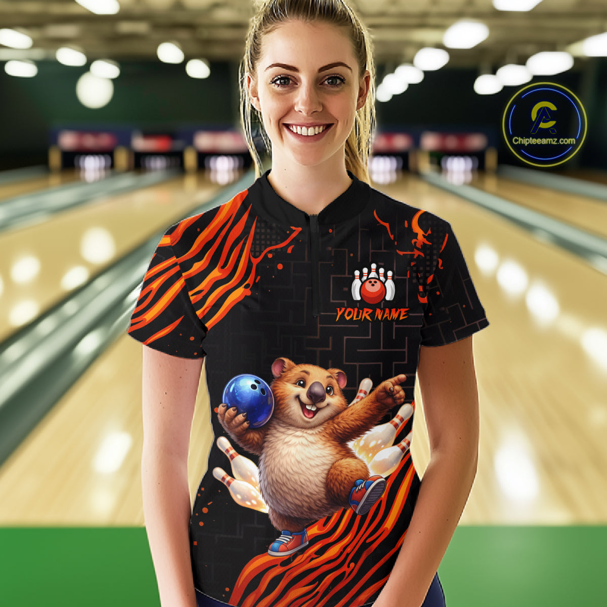 Orange Funny Wombat Bowling Shirt for Women Custom Bowling Jersey Polo & Quarter-Zip Bowling Outfit  QZT923