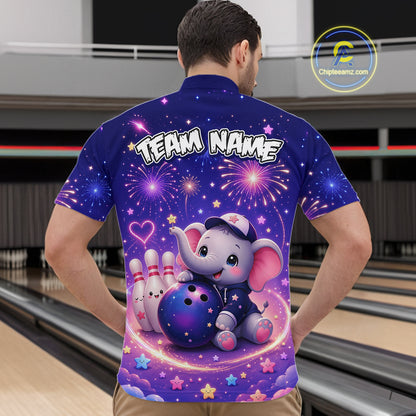 Man wearing custom funny elephant firework bowling 1/4 zip shirt, back view mockup, personalized bowling league jersey.