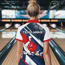 Load image into Gallery viewer, Red Blue &amp; White Crazy Bowling Ball Pin Women Bowling Team Shirt Bowling League Jersey QZT814