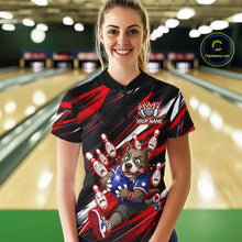 Load image into Gallery viewer, Woman wearing custom red pit bull bowling 1/4 zip shirt, front view mockup, personalized bowling league jersey.