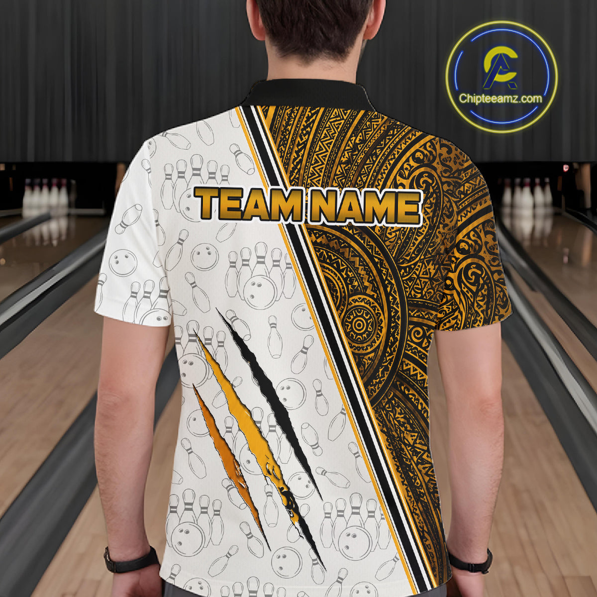 Man wearing custom yellow tribal tiger  bowling polo shirt, back view mockup, personalized bowling league jersey.