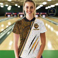 Load image into Gallery viewer, Woman wearing custom yellow tribal tiger bowling 1/4 zip shirt, front view mockup, personalized bowling league jersey.