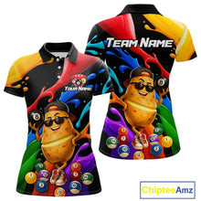 Load image into Gallery viewer, Colorful polo shirt with a potato character and billiard balls design, featuring 'Team Name' and 'Your Name' text.