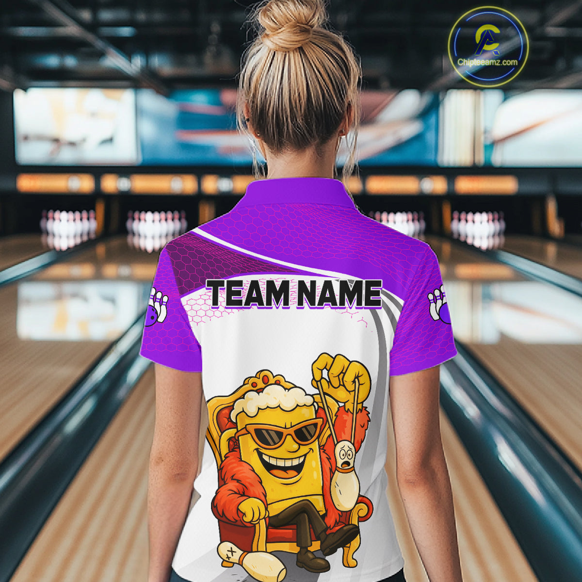 Custom Funny Purple Beer Polo Bowling Team Shirt for Women Quarter-Zip Bowling Jersey Outfit QZT820