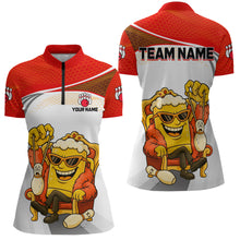 Load image into Gallery viewer, Custom Funny Red Beer Polo Bowling Team Shirt for Women Quarter-Zip Bowling Jersey Outfit QZT820