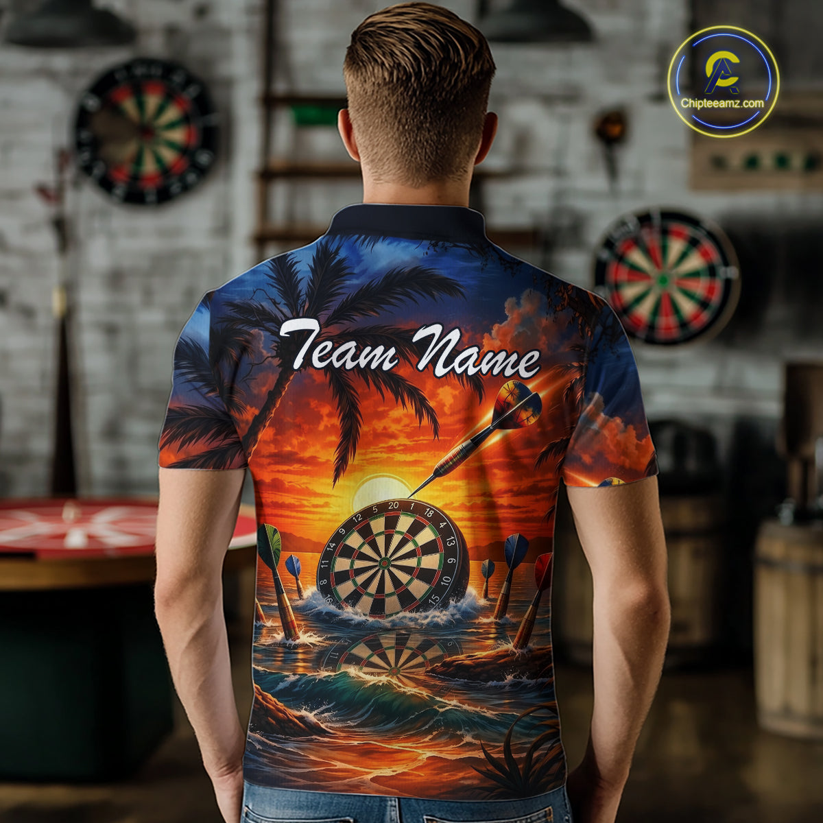 Custom Dart Team Shirts for Men Polo & 1/4 Zip Dart Jersey Sunset Tropical Design Dartboard Shirt DHT30