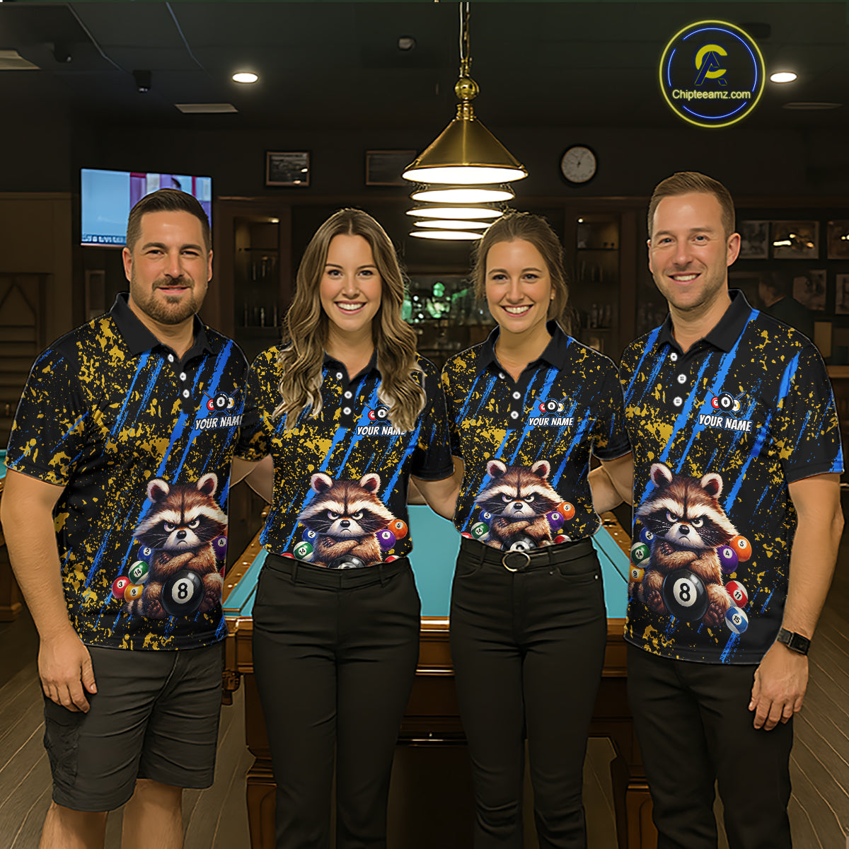 Custom Ugly Raccoon 8 Ball Billiard Shirts for Men Billiard Team Jersey Polo & 1/4 Zip Pool Shirt BHT31