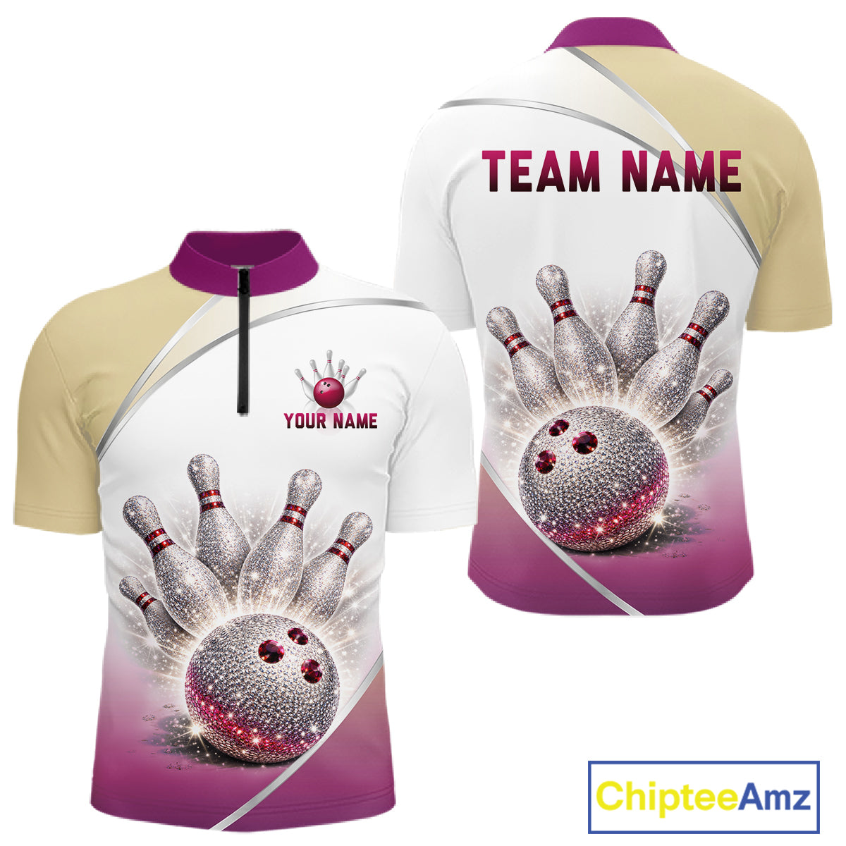 Custom Rhinestone Bowling Shirt for Men Gradient Bowling Team Jersey Polo & Quarter-Zip Bowling Outfit QZT965