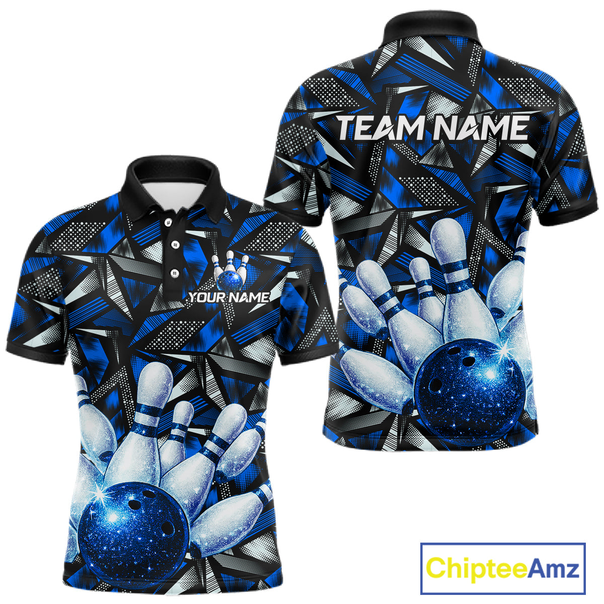 Blue Rhinestone Bowling Shirt for Men Custom Bowling Team Jersey Polo & Quarter-Zip QZT1003