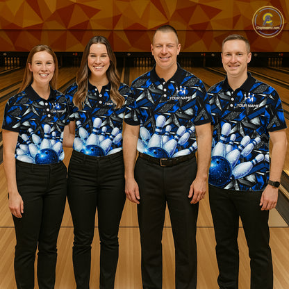 Blue Rhinestone Bowling Shirt for Men Custom Bowling Team Jersey Polo & Quarter-Zip QZT1003