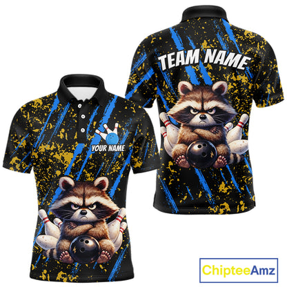 Custom Yellow & Blue Funny Raccoon Bowling Team Shirt for Men Bowling Jersey League Polo & 1/4-Zip QZT882